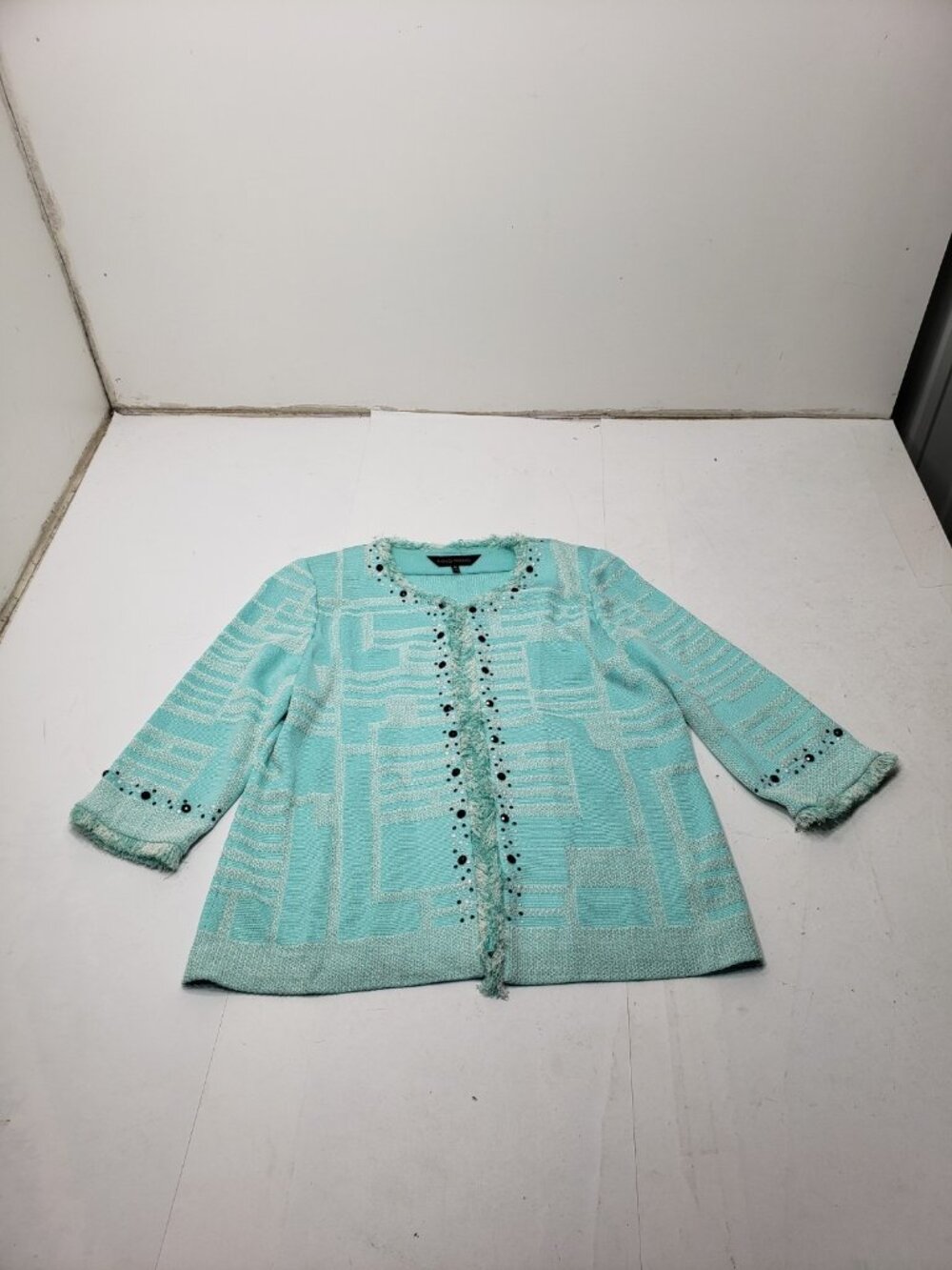 Ming Wang Women's M Aqua Turquoise White Geometric Knit Open Front Cardigan